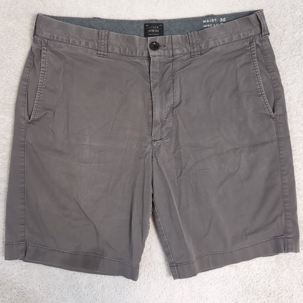 J Crew Chino Shorts Gray Flat Front Men's Size 32 x 9" Measured Stretch Stain‎